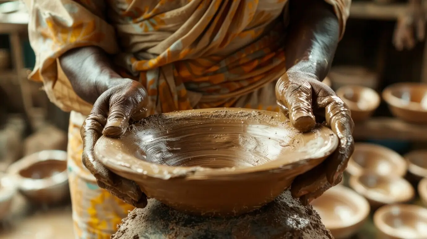 陶器作りに取り組む手元のクローズアップ