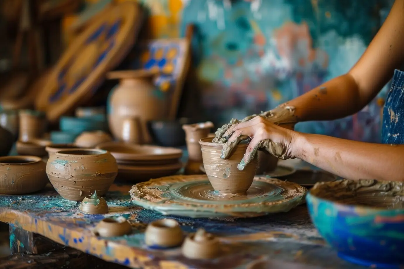 陶芸作業中の手のクローズアップ