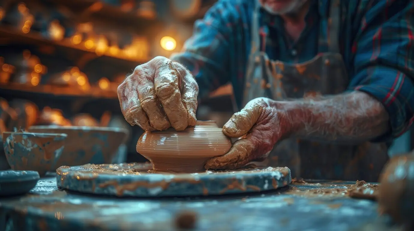 陶芸工房で炻器を制作中の男性の肖像