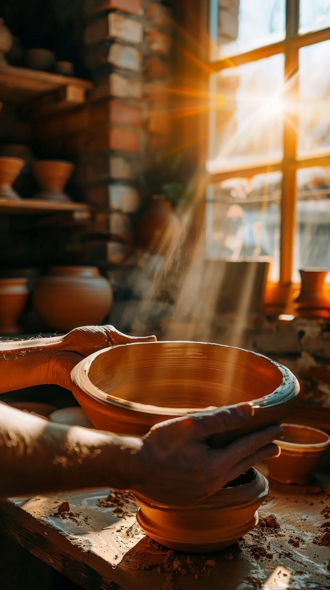 陶芸作業中の手のクローズアップ